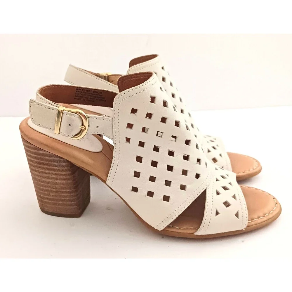 NEW Born Havana Slingback Block Heel Sandal Ivory Laser Cut Leather 8M
